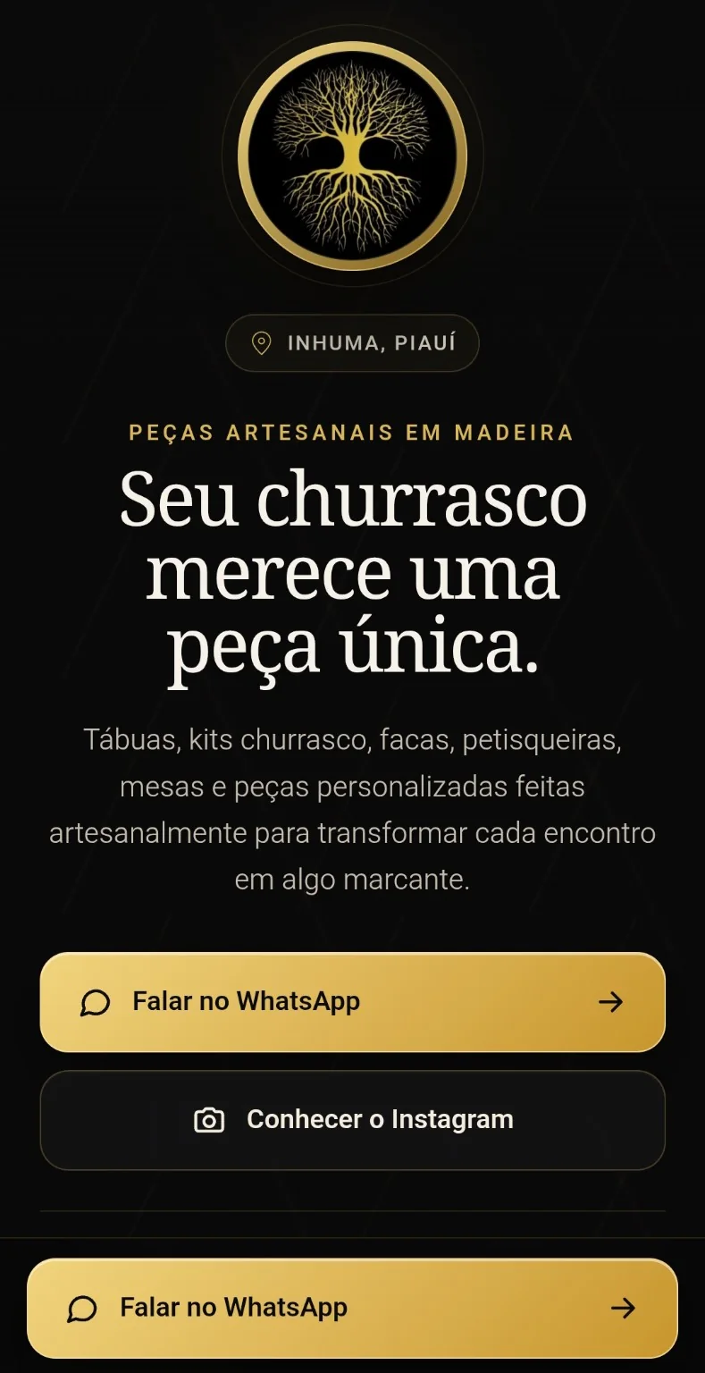 Site de peças artesanais em madeira com árvore dourada e chamada para o WhatsApp