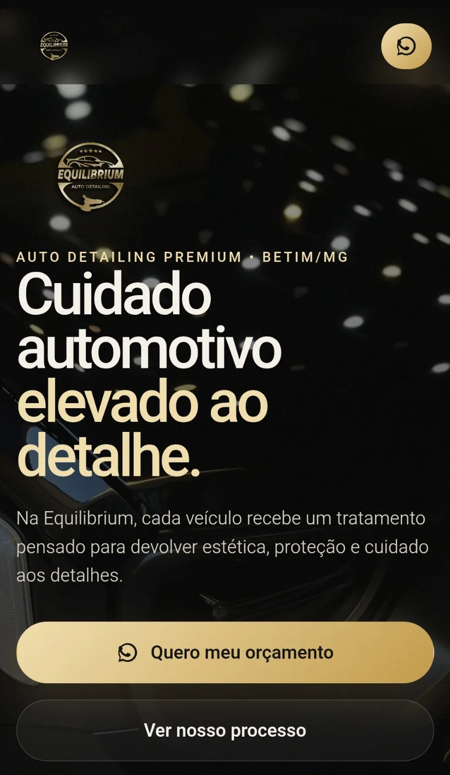 Site da Equilibrium Auto Detailing com identidade preta e dourada