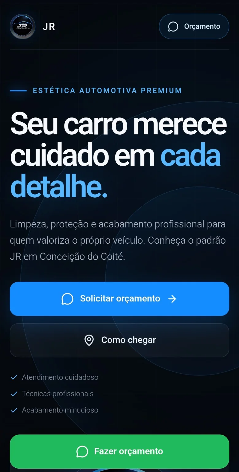 Site da JR Estética Automotiva com identidade azul e botões de orçamento e localização