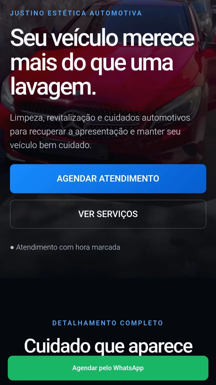 Site da Justino Estética Automotiva, com carro vermelho e chamada para agendar atendimento